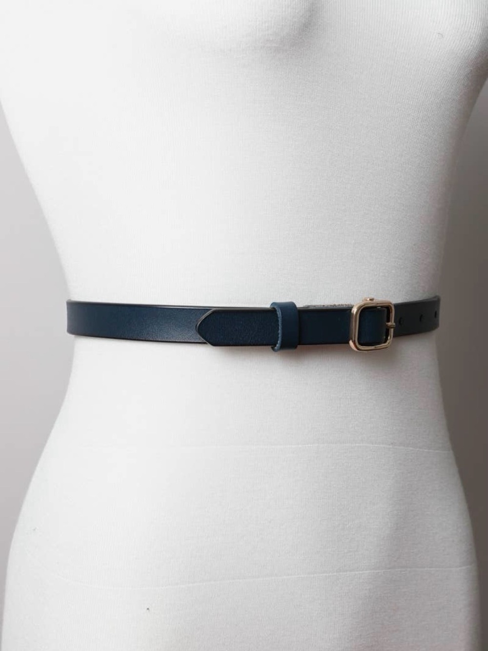 Women’s Slim Navy Leather Belt with Gold Buckle